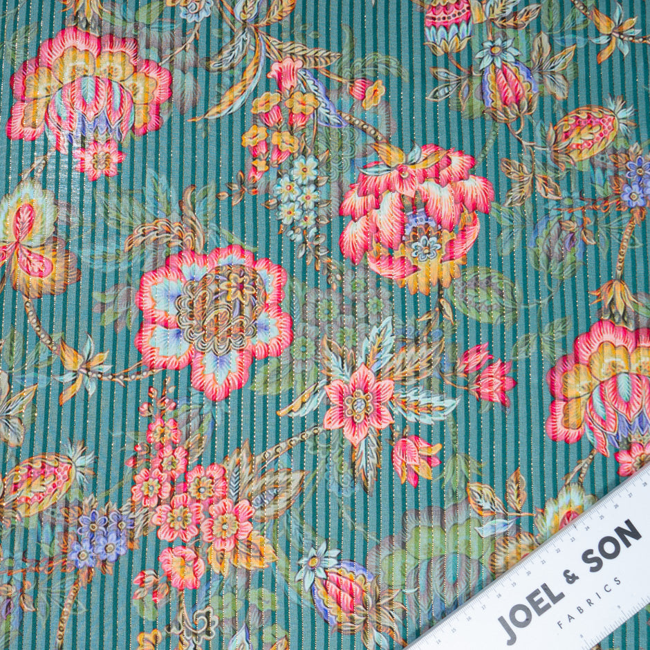 Multi Floral Printed Deep Green Metallic Silk Georgette