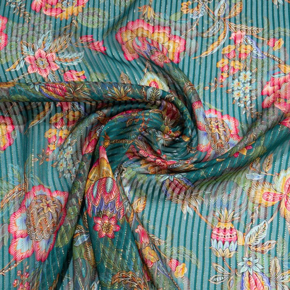 Multi Floral Printed Deep Green Metallic Silk Georgette