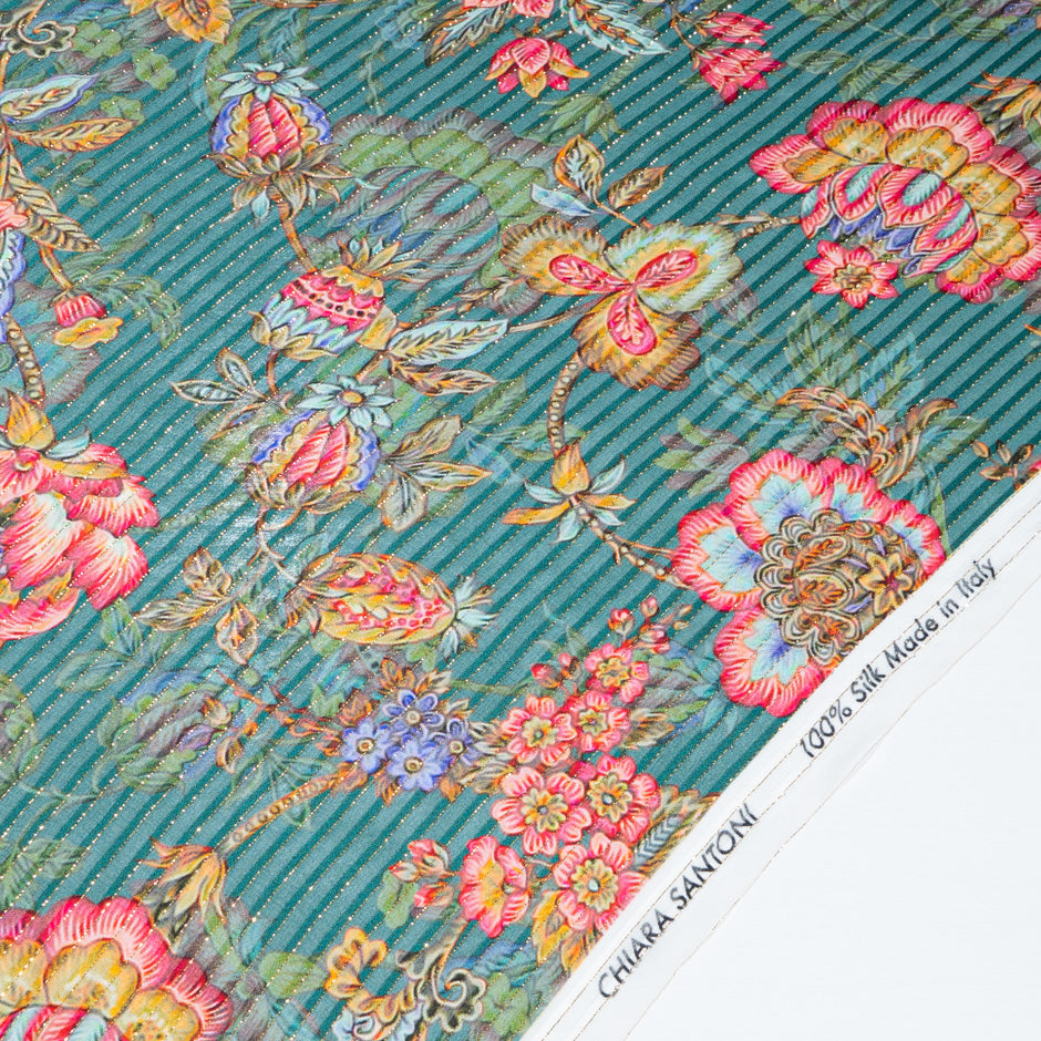 Multi Floral Printed Deep Green Metallic Silk Georgette