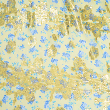 Blue Floral Printed Soft Yellow Metallic Chiffon