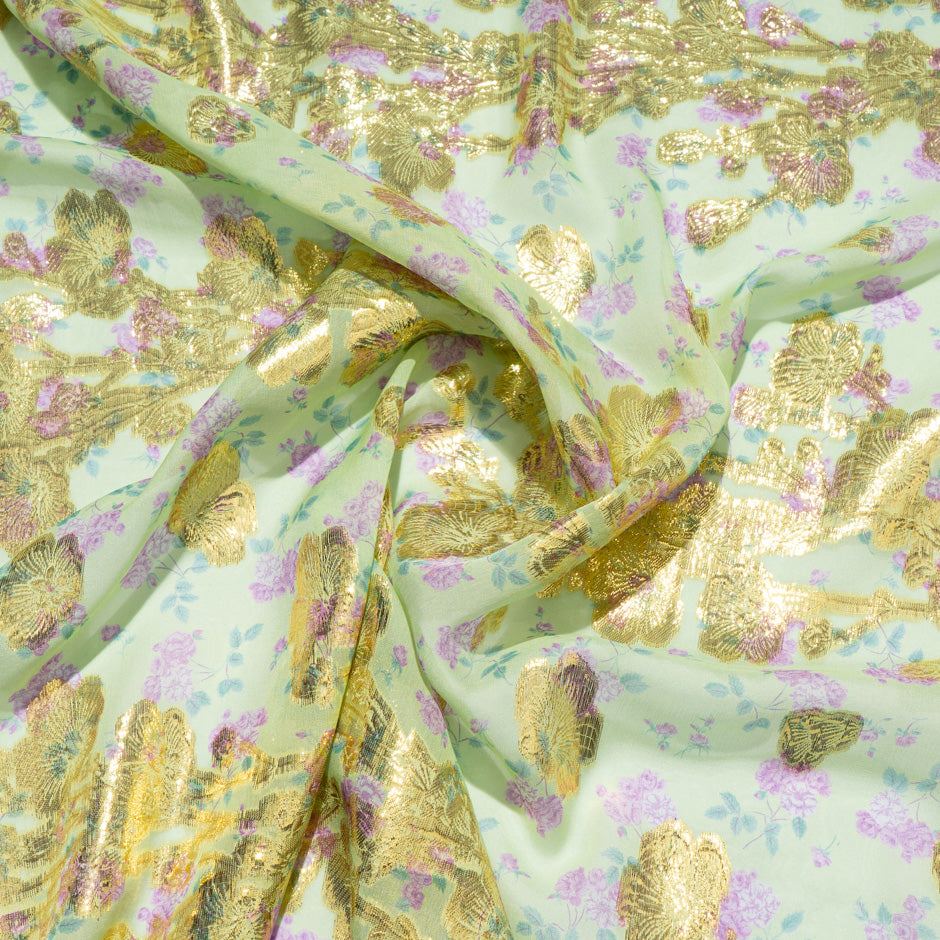 Pink Floral Printed Soft Green Metallic Chiffon