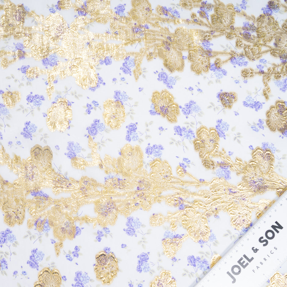 Lavender Floral Printed White Metallic Chiffon