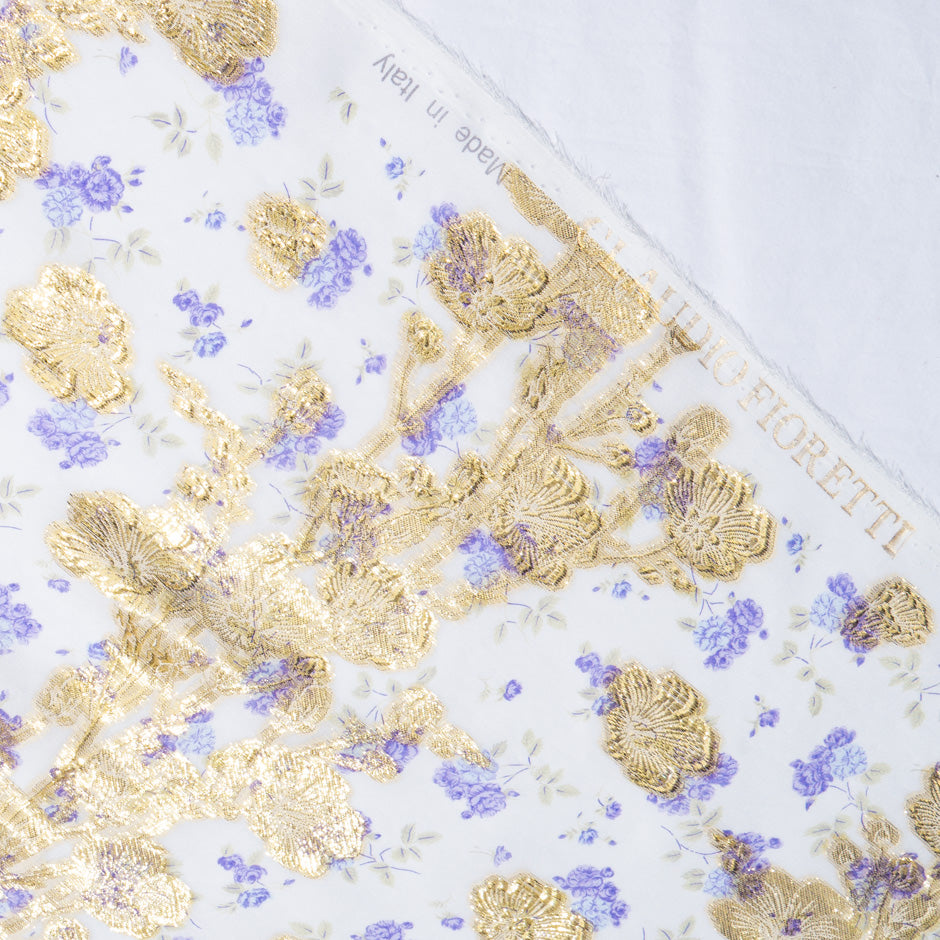 Lavender Floral Printed White Metallic Chiffon