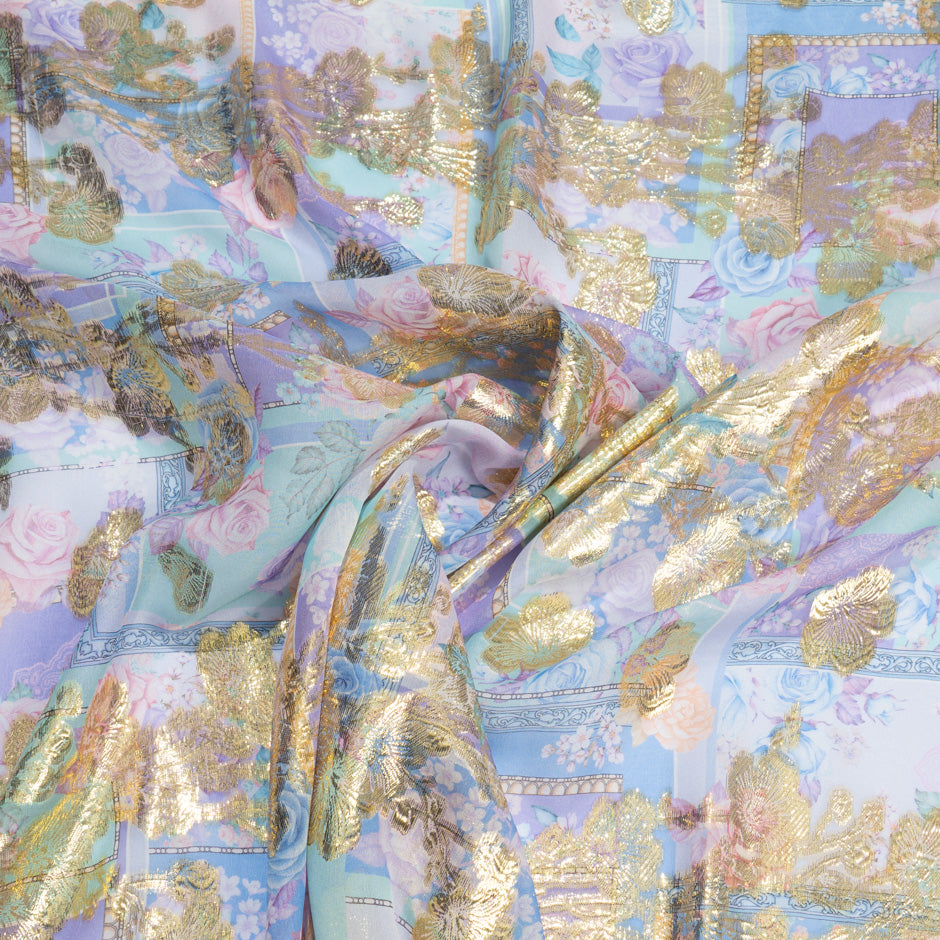 Pink & Lilac Floral on Blue Patchwork Printed Metallic Chiffon