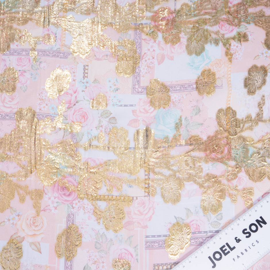 Floral on Pink & Lilac Patchwork Printed Metallic Chiffon