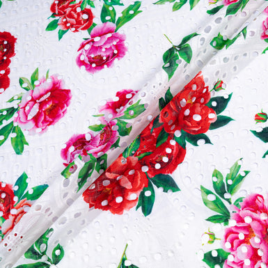 Pink & Red Floral Printed White Broderie Anglaise