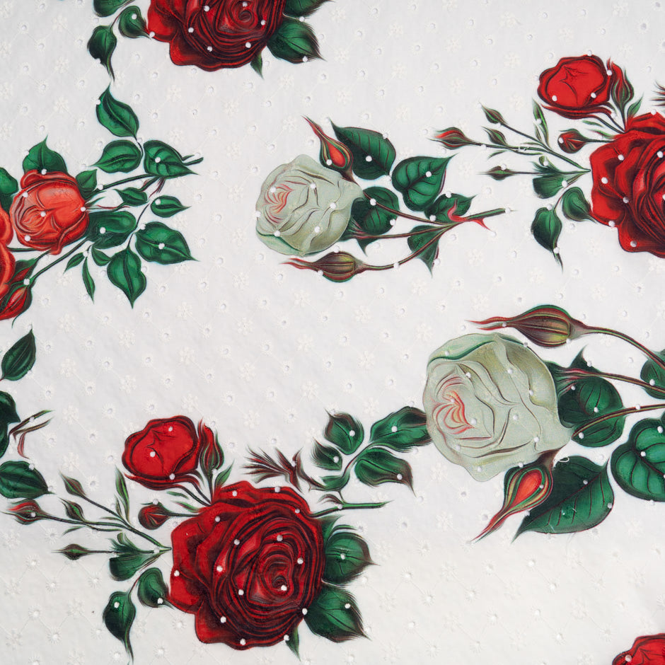 Red, Yellow & Green Rose Printed White Broderie Anglaise