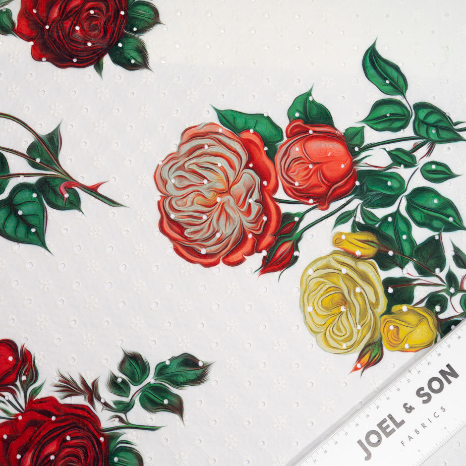 Red, Yellow & Green Rose Printed White Broderie Anglaise