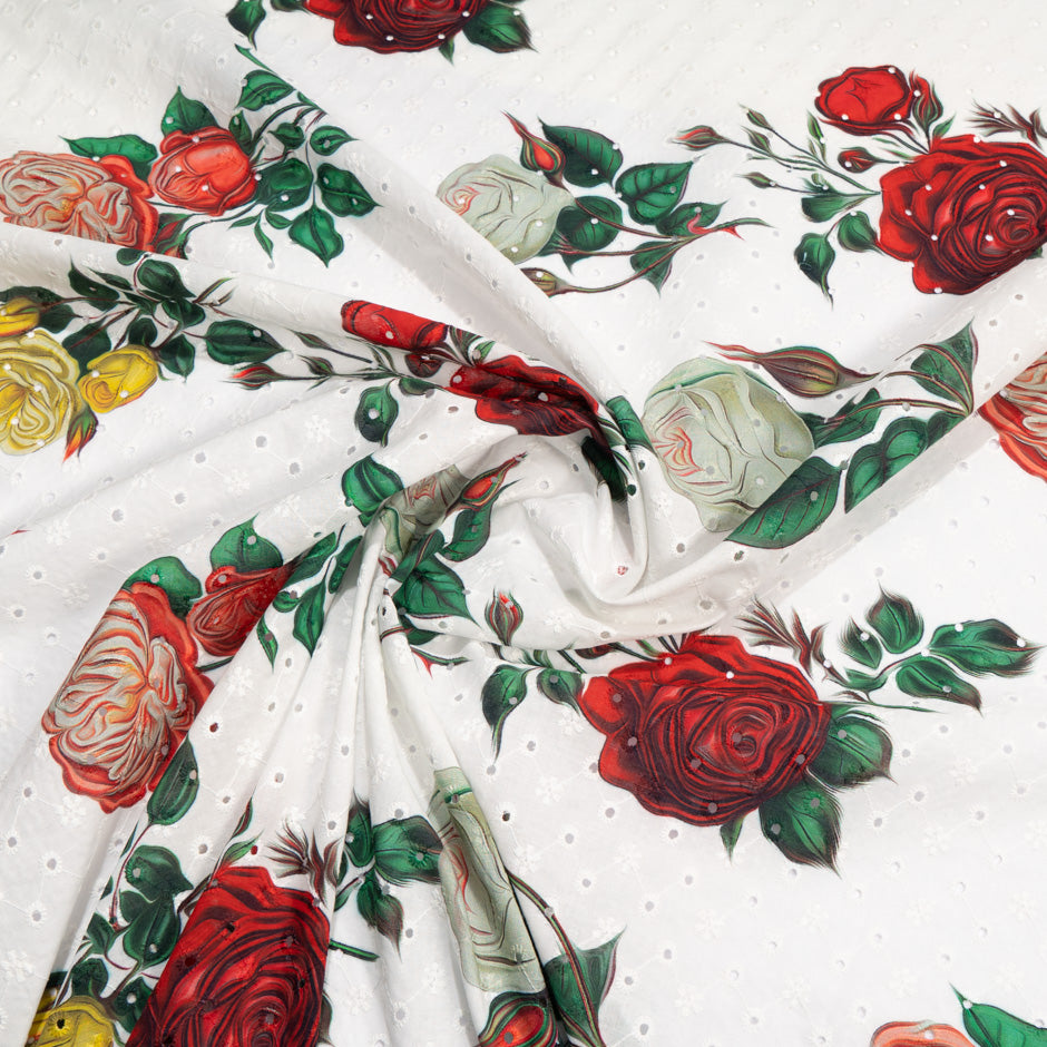 Red, Yellow & Green Rose Printed White Broderie Anglaise