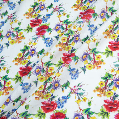 Multi-Coloured Floral Printed White Pure Linen