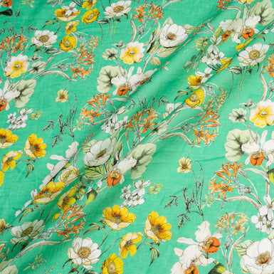 Yellow & White Floral Printed Green Linen