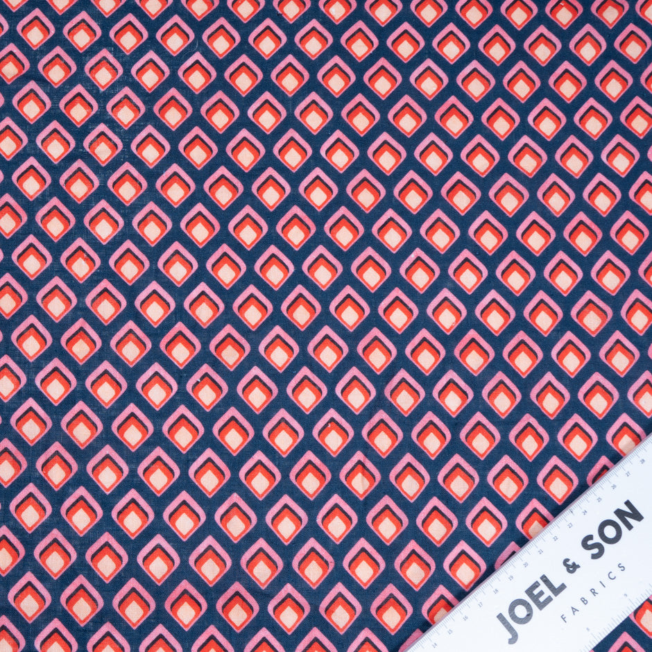 Red & Pink Geo Printed Navy Blue Pure Linen