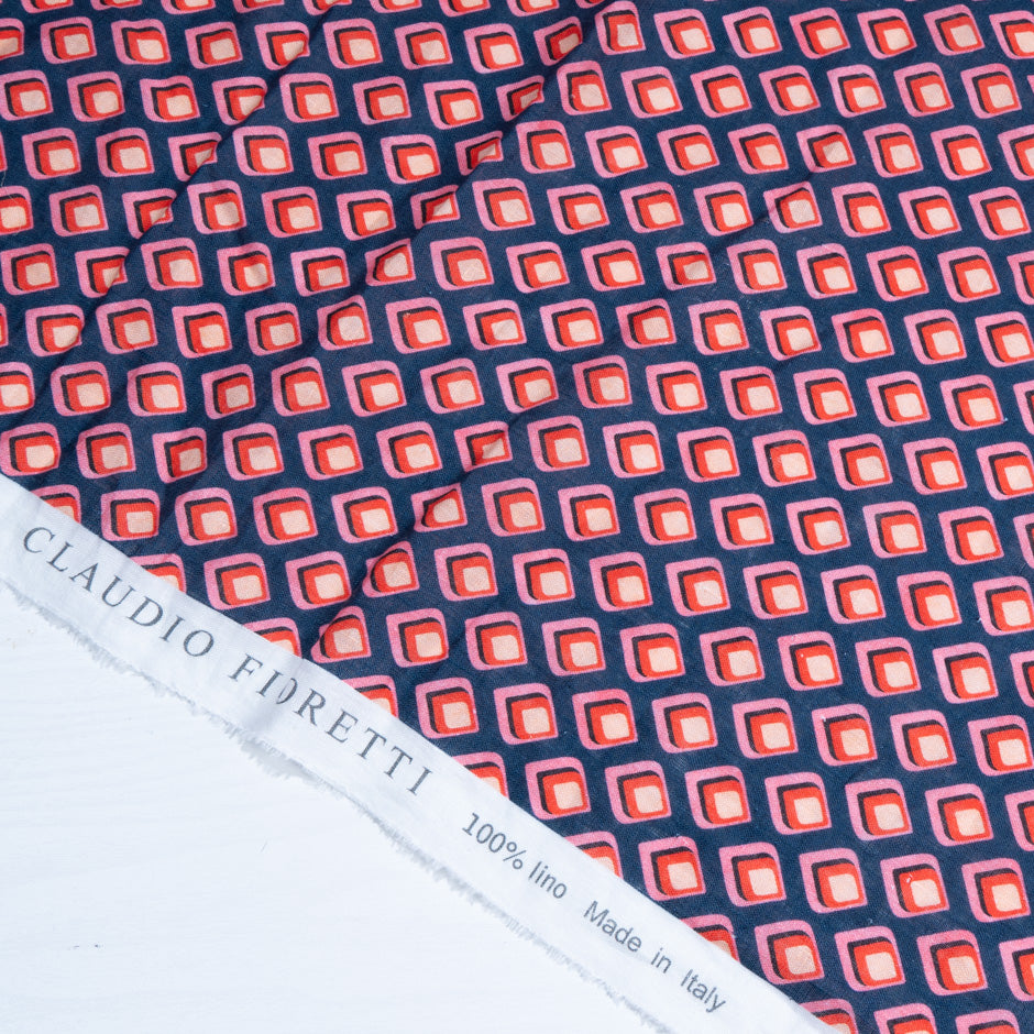 Red & Pink Geo Printed Navy Blue Pure Linen