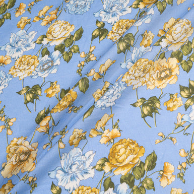 Yellow Floral Printed Periwinkle Blue Pure Linen