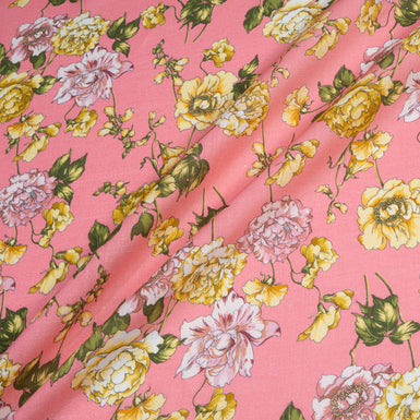 Yellow Floral Printed Candy Pink Pure Linen