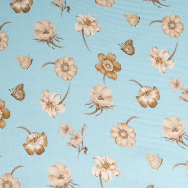 Soft Brown Floral Printed Blue Pure Linen