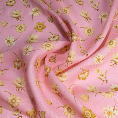 Mustard Yellow Floral Printed Pink Pure Linen