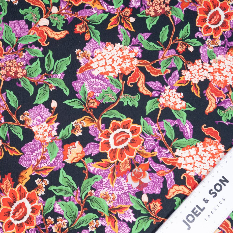 Rich Purple & Red Floral Printed Midnight Blue Wool & Cotton Blend