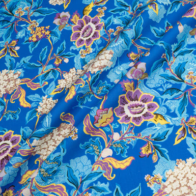 Lilac Floral Printed Royal Blue Wool & Cotton Blend