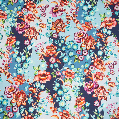 Red & Pink Floral Printed Blue Cotton & Wool Blend