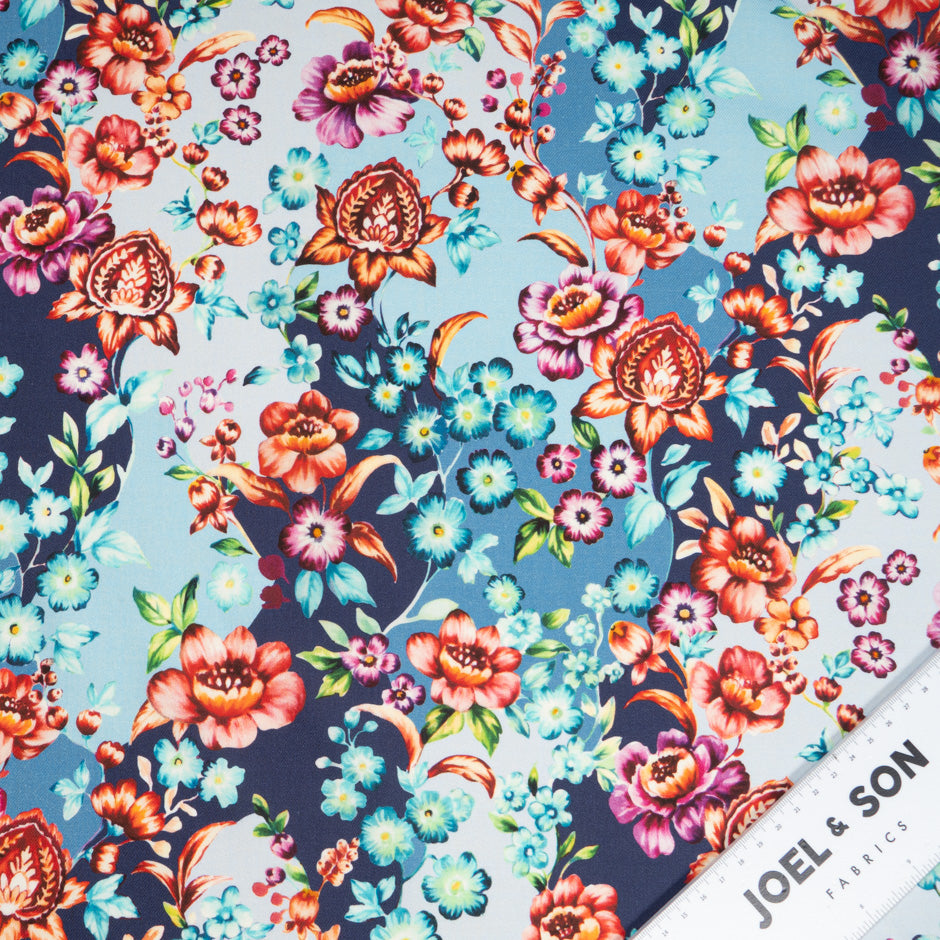 Red & Pink Floral Printed Blue Cotton & Wool Blend