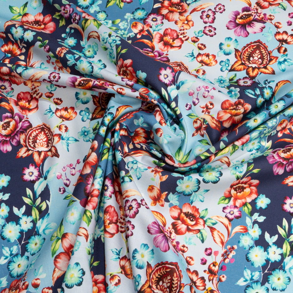 Red & Pink Floral Printed Blue Cotton & Wool Blend