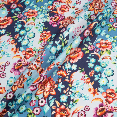 Red & Pink Floral Printed Blue Cotton & Wool Blend
