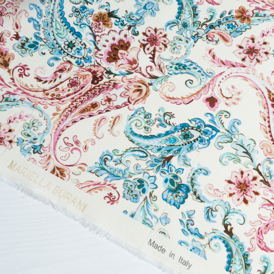 Blue & Pink Paisley Printed Cream Wool & Cotton Blend
