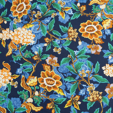 Deep Yellow Floral Printed Navy Blue Wool & Cotton Blend