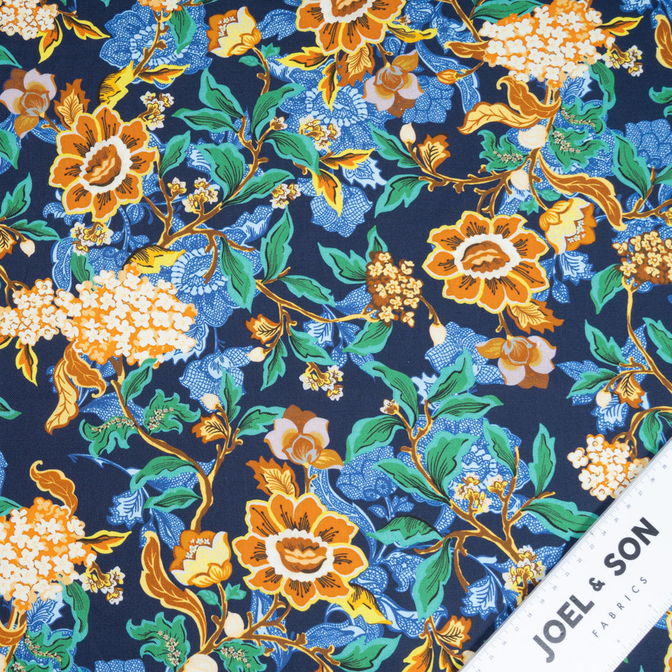 Deep Yellow Floral Printed Navy Blue Wool & Cotton Blend