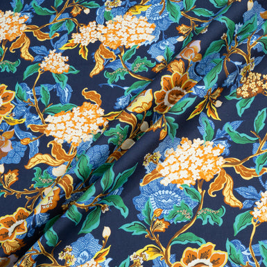 Deep Yellow Floral Printed Navy Blue Wool & Cotton Blend