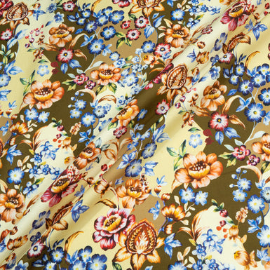 Floral Printed Khaki & Yellow Cotton & Wool Blend