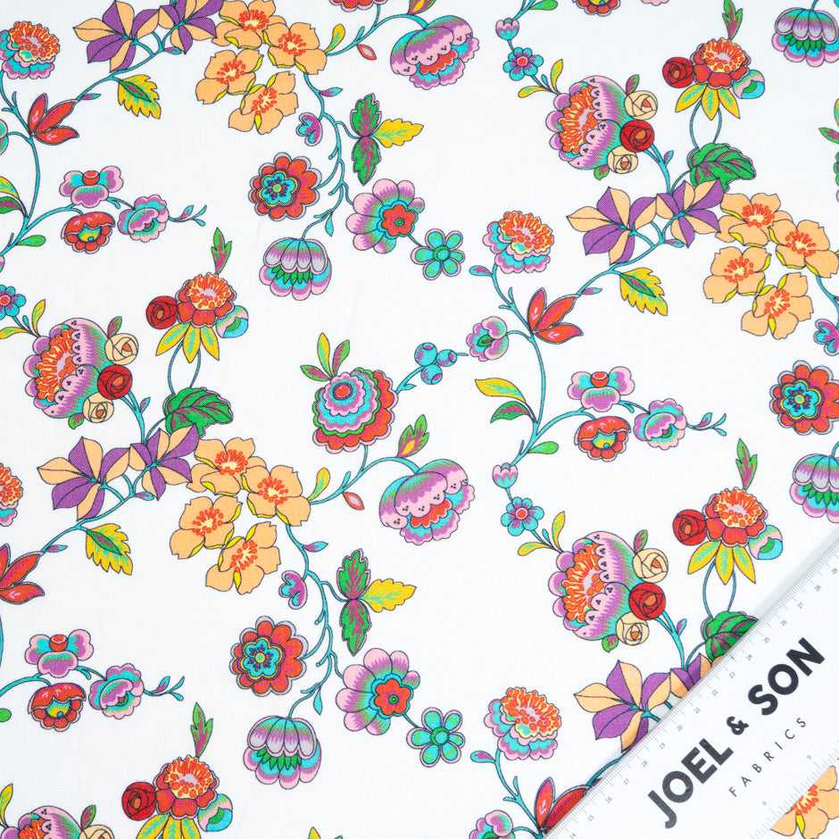 Multi-Coloured Floral Printed White Linen (A 2.85m Piece)