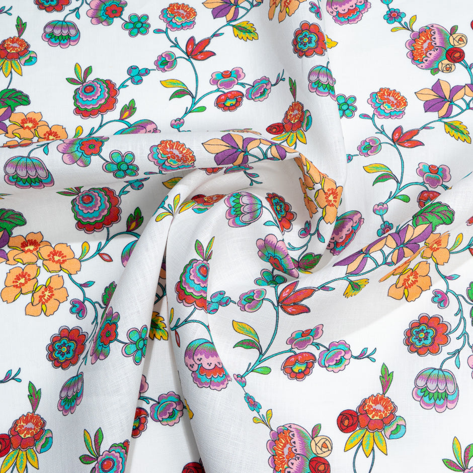 Multi-Coloured Floral Printed White Linen (A 2.85m Piece)