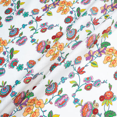 Pretty Multi-Coloured Floral Printed White Medium Weight Linen