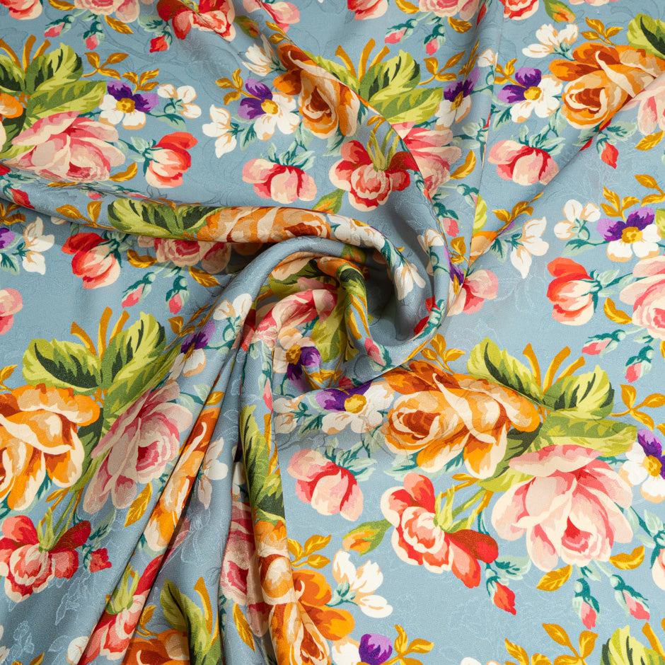 Multi-Coloured Floral Printed Grey Silk Jacquard