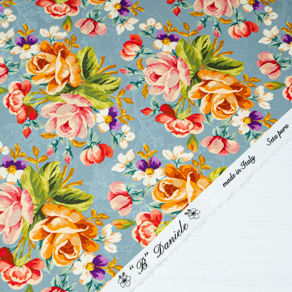 Multi-Coloured Floral Printed Grey Silk Jacquard