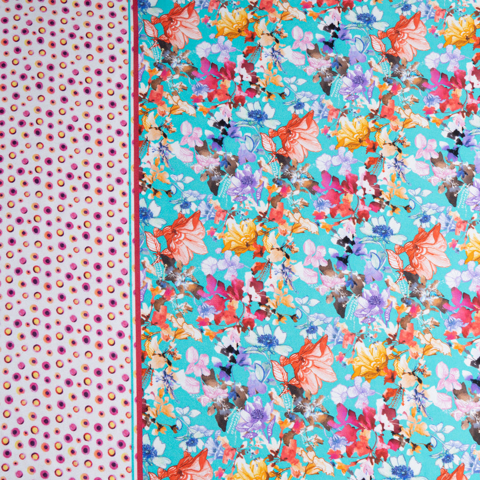 Multi-Coloured Floral Printed Turquoise Silk Twill