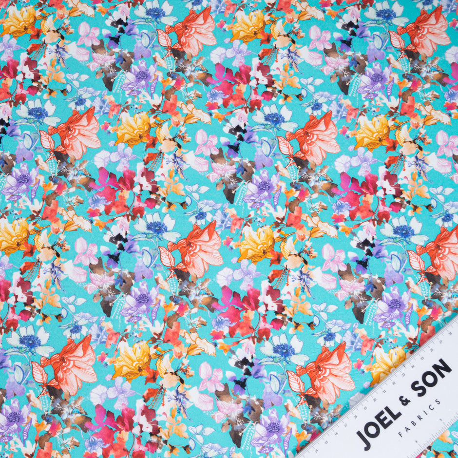 Multi-Coloured Floral Printed Turquoise Silk Twill