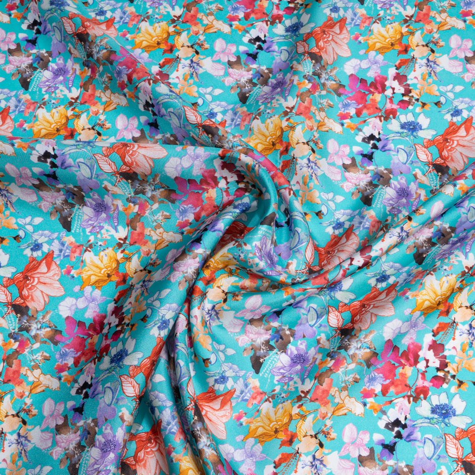 Multi-Coloured Floral Printed Turquoise Silk Twill