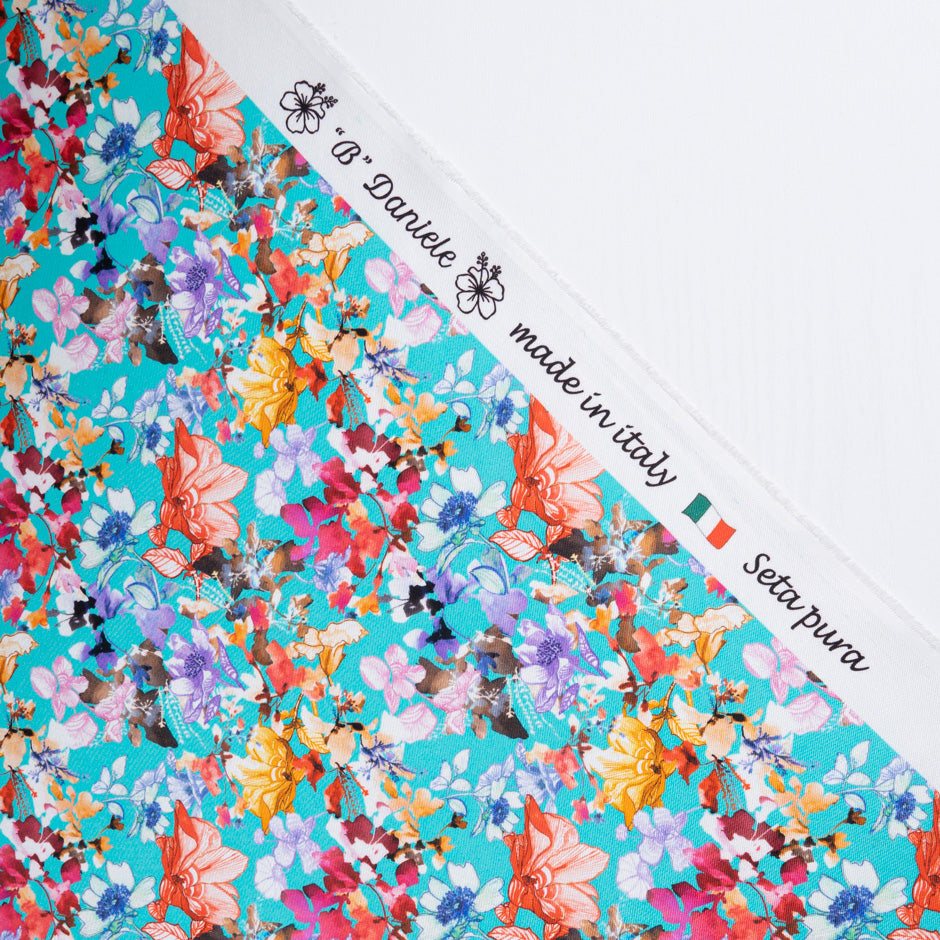 Multi-Coloured Floral Printed Turquoise Silk Twill