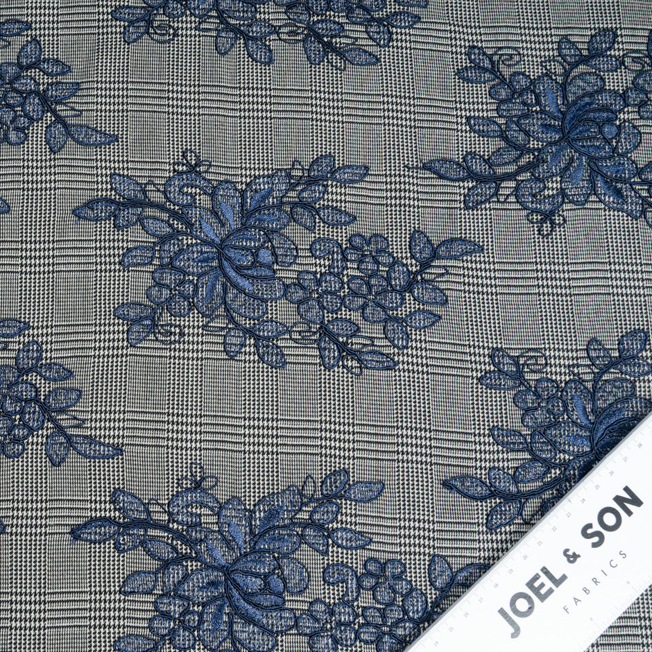 Navy Floral Embroidered Prince of Wales Wool