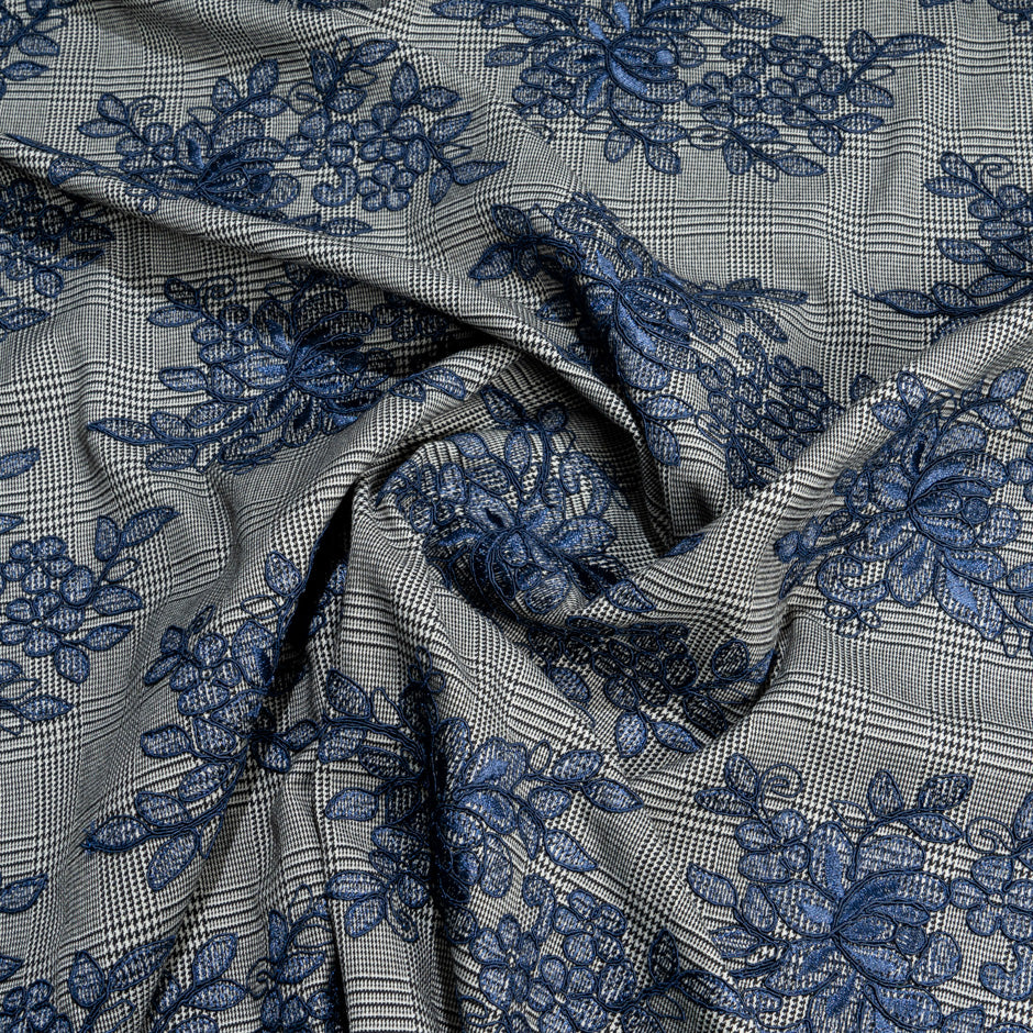 Navy Floral Embroidered Prince of Wales Wool