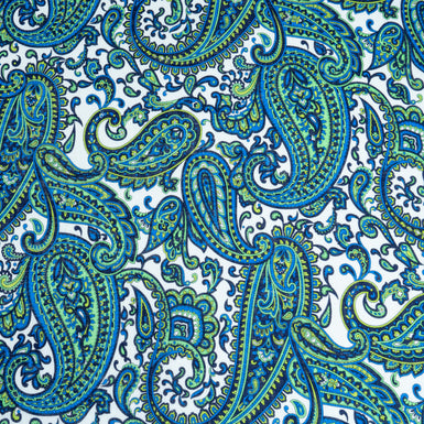 Green & Blue Paisley Printed White Handkerchief Linen