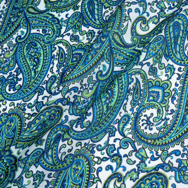 Green & Blue Paisley Printed White Handkerchief Linen