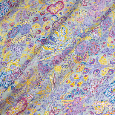 Yellow & Magenta Paisley Printed Grey Handkerchief Linen
