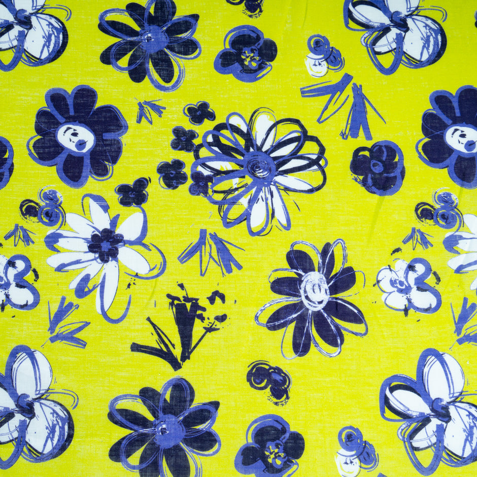 Blue Floral Printed Lime Green Handkerchief Linen (A 2.45m Piece)