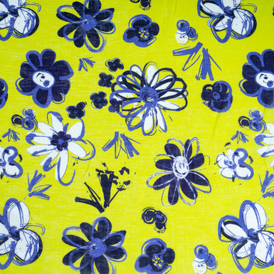 Blue Floral Printed Lime Green Handkerchief Linen