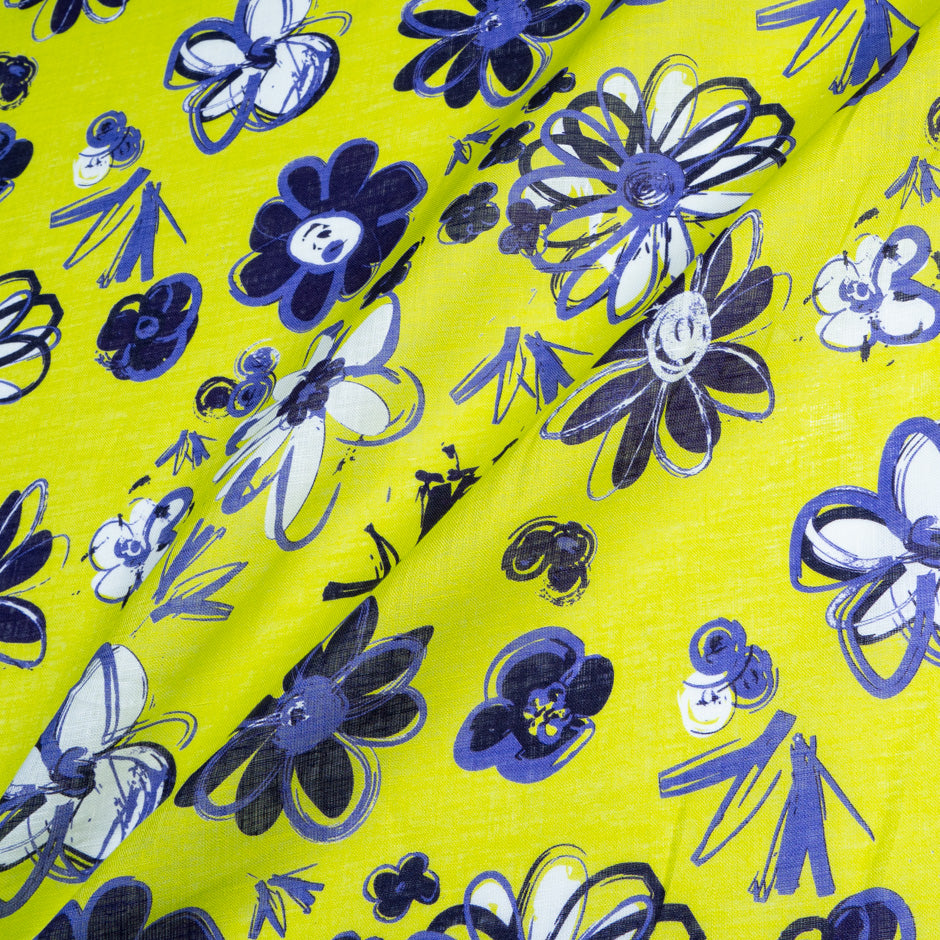 Blue Floral Printed Lime Green Handkerchief Linen (A 2.45m Piece)