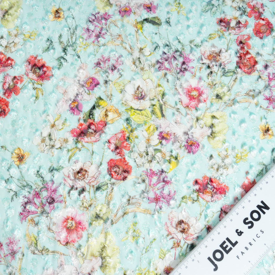 Wild Floral Printed Aqua Blue Metallic Devoré Velvet
